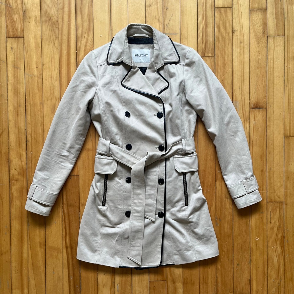 SMART SET Double Breasted Trench Coat Beige Black Trim Belted Button Up Women XS - Picture 12 of 12